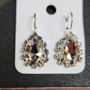 1950s Glamour Style Rhinestone Teardrop Silver Earrings NWT